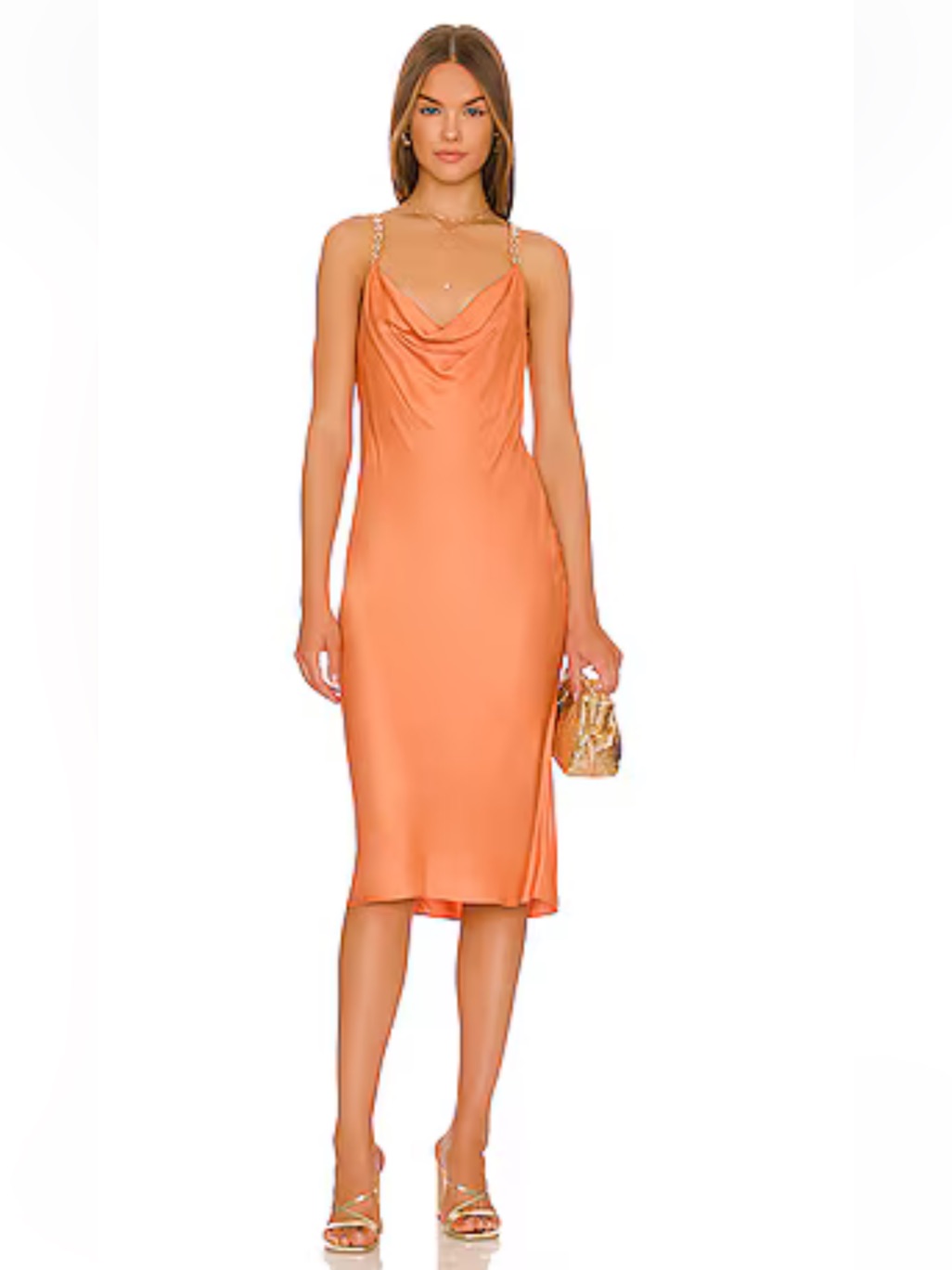 L’agence Nwt Amina Cowl Neck Chain Dress In Soft Carmel